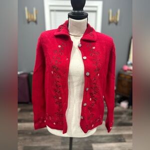 Vintage Karen Scott Christmas Cardigan Sweater PL Wool Embroidered Holly Holiday